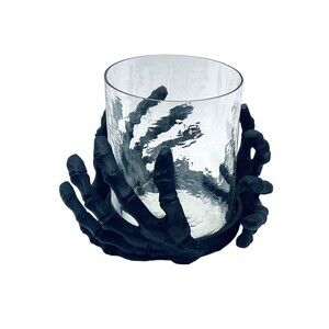 Black Metal Skeleton Hands Around Glass Candle Holder Gothic Halloween Spooky